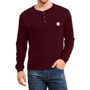 imageYTD Mens Loose Fit Heavyweight Long Sleeve Pocket Henley TShirtLong Sleeve Wine Red