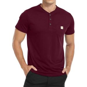 imageYTD Mens Loose Fit Heavyweight Long Sleeve Pocket Henley TShirtWine Red