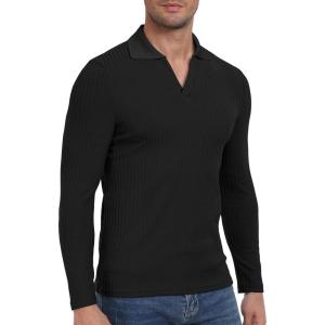 imageYTD Mens Muscle V Neck Polo Shirts Slim Fit Long Sleeve Golf TShirts Ribbed Knit Soft Casual TeesBlack