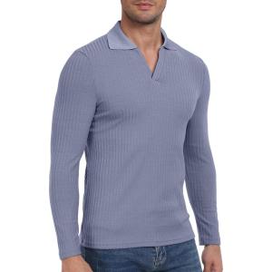 imageYTD Mens Muscle V Neck Polo Shirts Slim Fit Long Sleeve Golf TShirts Ribbed Knit Soft Casual TeesGray Blue