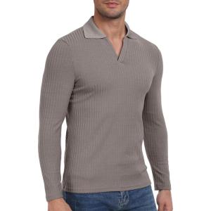 imageYTD Mens Muscle V Neck Polo Shirts Slim Fit Long Sleeve Golf TShirts Ribbed Knit Soft Casual TeesKhaki