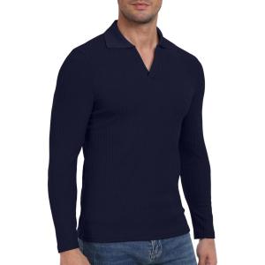 imageYTD Mens Muscle V Neck Polo Shirts Slim Fit Long Sleeve Golf TShirts Ribbed Knit Soft Casual TeesNavy