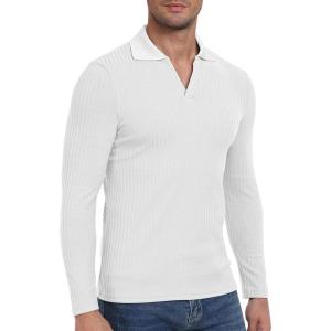imageYTD Mens Muscle V Neck Polo Shirts Slim Fit Long Sleeve Golf TShirts Ribbed Knit Soft Casual TeesWhite