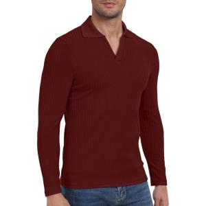 imageYTD Mens Muscle V Neck Polo Shirts Slim Fit Long Sleeve Golf TShirts Ribbed Knit Soft Casual TeesWine Red