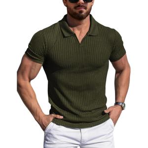 imageYTD Mens Muscle V Neck Polo Shirts Slim Fit Solid Short Sleeve Golf TShirts Ribbed Knit Soft TeesArmy Green