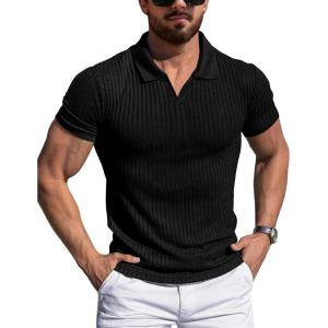 imageYTD Mens Muscle V Neck Polo Shirts Slim Fit Solid Short Sleeve Golf TShirts Ribbed Knit Soft TeesBlack