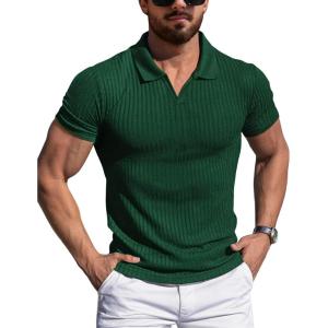 imageYTD Mens Muscle V Neck Polo Shirts Slim Fit Solid Short Sleeve Golf TShirts Ribbed Knit Soft TeesDark Green