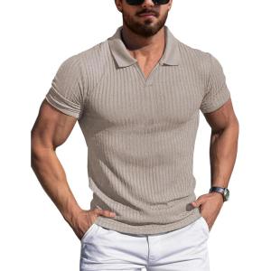imageYTD Mens Muscle V Neck Polo Shirts Slim Fit Solid Short Sleeve Golf TShirts Ribbed Knit Soft TeesKhaki