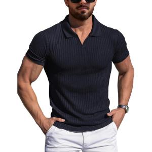 imageYTD Mens Muscle V Neck Polo Shirts Slim Fit Solid Short Sleeve Golf TShirts Ribbed Knit Soft TeesNavy