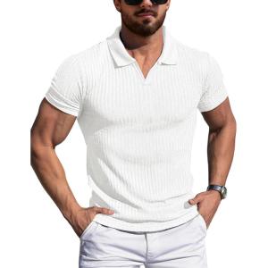 imageYTD Mens Muscle V Neck Polo Shirts Slim Fit Solid Short Sleeve Golf TShirts Ribbed Knit Soft TeesWhite