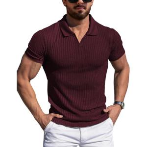 imageYTD Mens Muscle V Neck Polo Shirts Slim Fit Solid Short Sleeve Golf TShirts Ribbed Knit Soft TeesWine Red