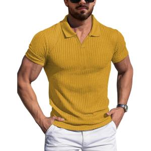imageYTD Mens Muscle V Neck Polo Shirts Slim Fit Solid Short Sleeve Golf TShirts Ribbed Knit Soft TeesYellow