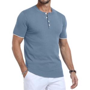 imageYTD Mens Short Sleeve Henley TShirts Casual Knit Shirt Summer Fashion Lightweight Henley Button TeeGray Blue