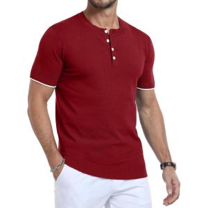 imageYTD Mens Short Sleeve Henley TShirts Casual Knit Shirt Summer Fashion Lightweight Henley Button TeeWine Red