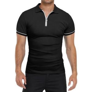 imageYTD Mens Short Sleeve Polo Shirts QuarterZip Casual Slim Fit Lapel Neck Basic Designed Cotton ShirtsBlack