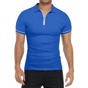 imageYTD Mens Short Sleeve Polo Shirts QuarterZip Casual Slim Fit Lapel Neck Basic Designed Cotton ShirtsBlue