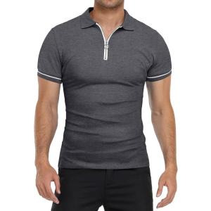 imageYTD Mens Short Sleeve Polo Shirts QuarterZip Casual Slim Fit Lapel Neck Basic Designed Cotton ShirtsDark Grey
