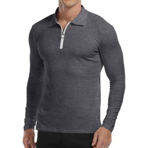 imageYTD Mens Short Sleeve Polo Shirts QuarterZip Casual Slim Fit Lapel Neck Basic Designed Cotton ShirtsLong Sleeve Dark Grey