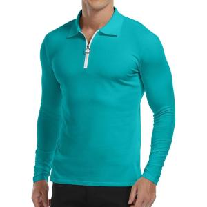 imageYTD Mens Short Sleeve Polo Shirts QuarterZip Casual Slim Fit Lapel Neck Basic Designed Cotton ShirtsLong Sleeveturquoise
