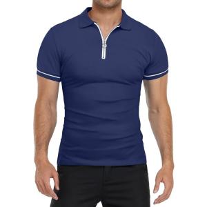 imageYTD Mens Short Sleeve Polo Shirts QuarterZip Casual Slim Fit Lapel Neck Basic Designed Cotton ShirtsNavy