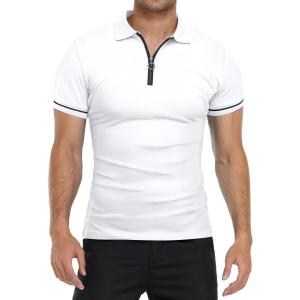 imageYTD Mens Short Sleeve Polo Shirts QuarterZip Casual Slim Fit Lapel Neck Basic Designed Cotton ShirtsWhite