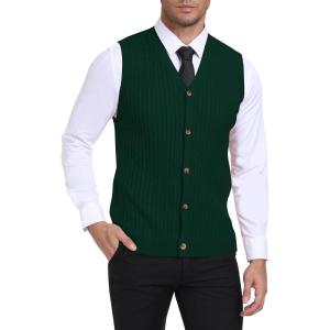 imageYTD Mens Sleeveless Sweater Vest VNeck Casual Cable Knit Button Down Cardigan VestDark Green