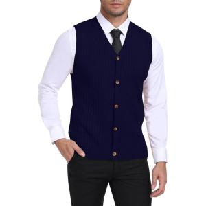 imageYTD Mens Sleeveless Sweater Vest VNeck Casual Cable Knit Button Down Cardigan VestNavy