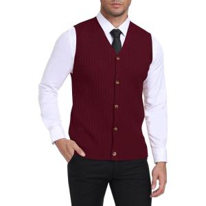 imageYTD Mens Sleeveless Sweater Vest VNeck Casual Cable Knit Button Down Cardigan VestWine Red