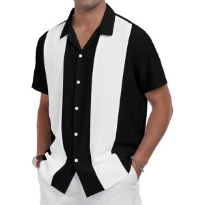 imageYTD Mens Vintage Bowling Shirt Short Sleeve Button Down Summer Cuba Beach ShirtsBlack White