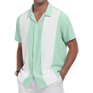 imageYTD Mens Vintage Bowling Shirt Short Sleeve Button Down Summer Cuba Beach ShirtsGreen White