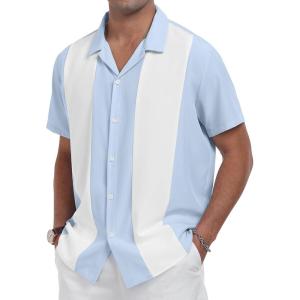 imageYTD Mens Vintage Bowling Shirt Short Sleeve Button Down Summer Cuba Beach ShirtsLight Blue White