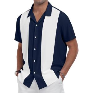 imageYTD Mens Vintage Bowling Shirt Short Sleeve Button Down Summer Cuba Beach ShirtsNavy Blue White