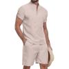 imageYTD Mens 2 Pieces Set Short Sleeve Henley Shirts and Shorts Texture Summer Beach Vacation OutfitsApricot