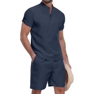 imageYTD Mens 2 Pieces Set Short Sleeve Henley Shirts and Shorts Texture Summer Beach Vacation Outfits01 Navy
