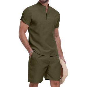imageYTD Mens 2 Pieces Set Short Sleeve Henley Shirts and Shorts Texture Summer Beach Vacation OutfitsArmy Green