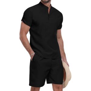 imageYTD Mens 2 Pieces Set Short Sleeve Henley Shirts and Shorts Texture Summer Beach Vacation OutfitsBlack