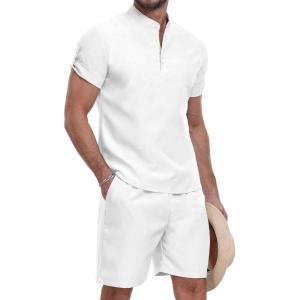 imageYTD Mens 2 Pieces Set Short Sleeve Henley Shirts and Shorts Texture Summer Beach Vacation OutfitsWhite