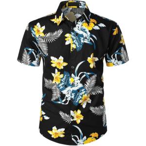imageYTD Mens Hawaiian Shirt Short Sleeve Printed Button Down Summer Beach Dress ShirtsBlack