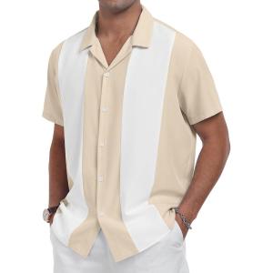 imageYTD Mens Vintage Bowling Shirt Short Sleeve Button Down Summer Cuba Beach ShirtsKhaki White
