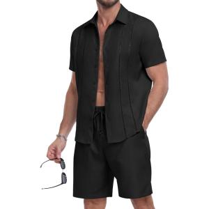 image:imageYTD Mens 2 Pieces Shirt Sets Short Sleeve Casual Button Down Hippie TShirts Shorts Sets Summer Fashion Beach OutfitsBlack
