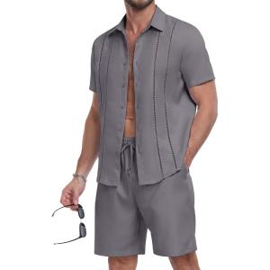 image:imageYTD Mens 2 Pieces Shirt Sets Short Sleeve Casual Button Down Hippie TShirts Shorts Sets Summer Fashion Beach OutfitsDark Gray