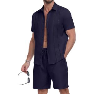 image:imageYTD Mens 2 Pieces Shirt Sets Short Sleeve Casual Button Down Hippie TShirts Shorts Sets Summer Fashion Beach OutfitsNavy