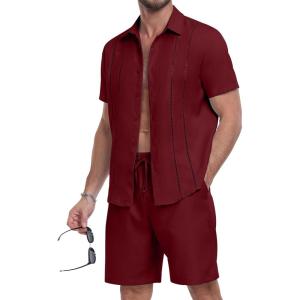 image:imageYTD Mens 2 Pieces Shirt Sets Short Sleeve Casual Button Down Hippie TShirts Shorts Sets Summer Fashion Beach OutfitsWine Red
