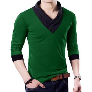 image:imageYTD Mens Cotton Casual VNeck Button Slim Muscle Tops Tee Short Sleeve TShirtsLong Sleeve Dark Green