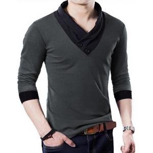 image:imageYTD Mens Cotton Casual VNeck Button Slim Muscle Tops Tee Short Sleeve TShirtsLong Sleeve Dark Grey
