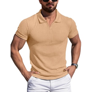 image:imageYTD Mens Muscle V Neck Polo Shirts Slim Fit Solid Short Sleeve Golf TShirts Ribbed Knit Soft TeesApricot
