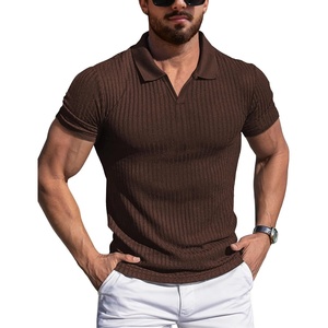 image:imageYTD Mens Muscle V Neck Polo Shirts Slim Fit Solid Short Sleeve Golf TShirts Ribbed Knit Soft TeesBrown