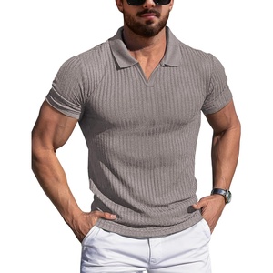 image:imageYTD Mens Muscle V Neck Polo Shirts Slim Fit Solid Short Sleeve Golf TShirts Ribbed Knit Soft TeesGray